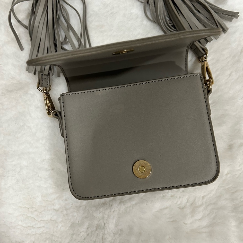 Moda luxe taupe vegan leather tassel crossbody multi compartment floral lining